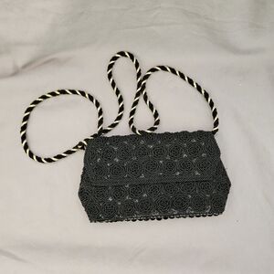 Vintage Beaded Black Crossbody Bag with Braided Strap